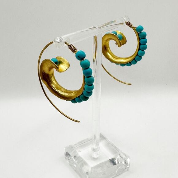 Ottoman Hands Bohemian Brass Turquoise Bead Hoop Earrings Boho Statement Jewelry - Picture 8 of 11